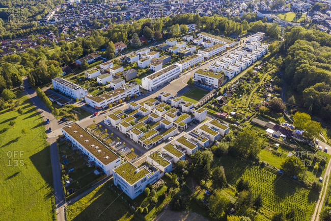 Germany- Baden-Wurttemberg- Esslingen am Neckar- Aerial view of modern energy efficient suburb