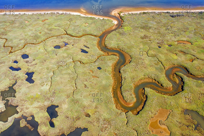 Spain- Andalusia- Aerial view of green marsh in Marismas del Odiel nature reserve