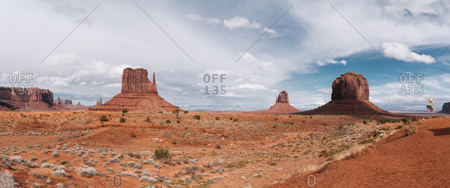 Panoramic view of monument valley with American flag