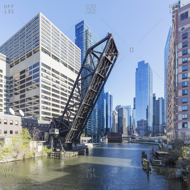 Chicago & Northwestern Railway Bridge over Chicago River on sunny day- Chicago- USA