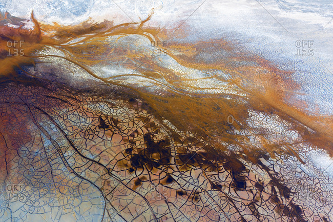 Aerial view of brown acidic landscape of Rio Tinto Mines area