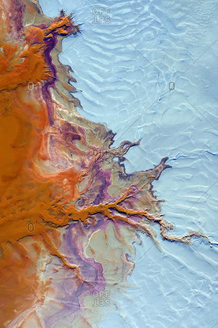 Aerial view of brown and white acidic landscape of Rio Tinto Mines area