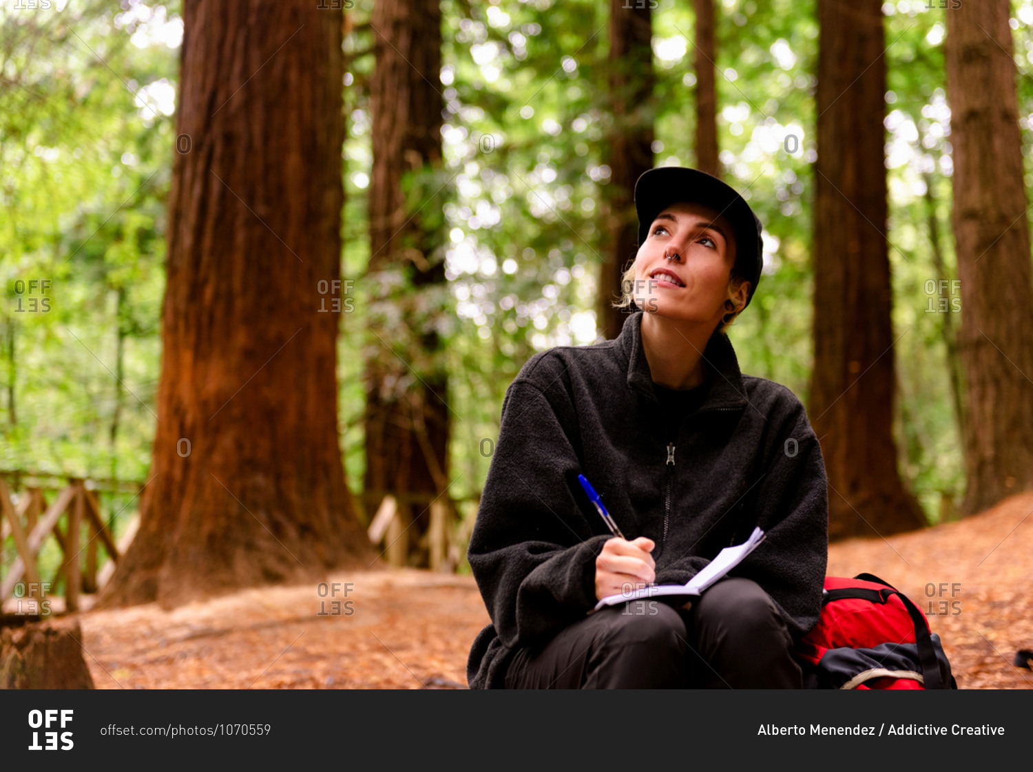 Female explorer sitting in woods and writing in notebook while enjoying vacation in Monte Cabezon Natural Monument of Sequoias in Cantabria