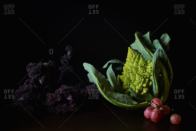 Still life with various vegetarian meal ingredients on dark background