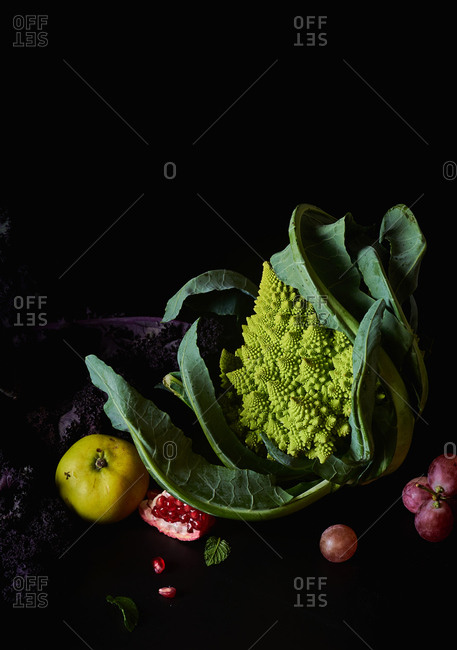 Still life with various vegetarian meal ingredients on dark background