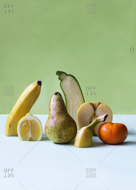 Chopped Fresh Fruits Arranged On Cutting Board On White Wooden Background  With Copy Space, Top View. Ingredients For Fruit Salad. From Above, Flat  Lay, Overhead. Stock Photo, Picture and Royalty Free Image.