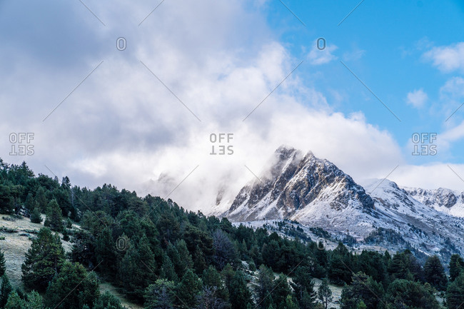 Picturesque panoramic landscape of green valley with coniferous forest against majestic snow covered peaks of Pyrenees mountains under blue cloudy sky in sunny day in El Pas de la Casa in Andorra