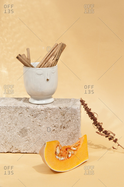 Bright ripe pumpkin with seeds near decorative vase with cinnamon pods on brick and dried anise