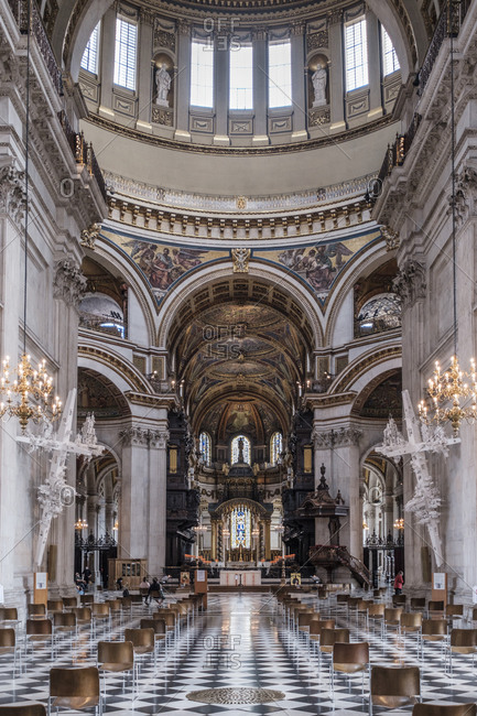 September 25, 2020: St. Paul's Cathedral, the nave, quire (choir) and high altar showing the Wren dome and mosaics by William Blake Richmond, London, England, United Kingdom, Europe