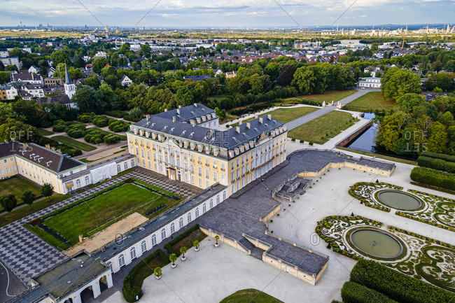 August 21, 2020: Aerial of Augustusburg Palace, UNESCO World Heritage Site, Bruhl, North Rhine-Westphalia, Germany, Europe