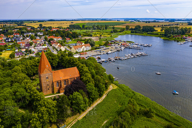 Aerial of Kirchdorf, Church village with its harbor on Poel Island, Baltic Sea, Germany, Europe