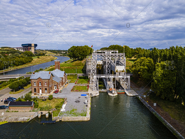 Aerial of Houdeng-Goegnies Lift No 1, UNESCO World Heritage Site, Boat Lifts on the Canal du Centre, La Louviere, Belgium, Europe
