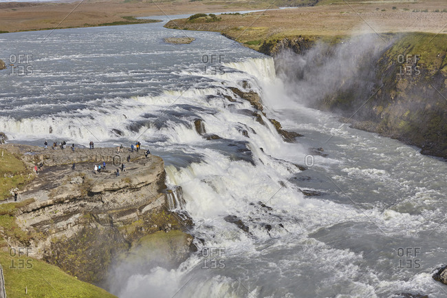 An iconic Icelandic landscape, Gullfoss Falls, on the southern edge of the rugged Highlands interior, Iceland, Polar Regions