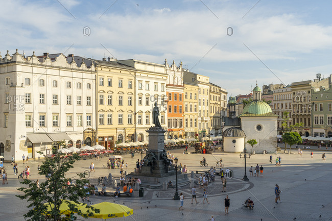 August 10, 2020: Elevated view of The Old Town Square and Adam Mickiewicz Monument, UNESCO World Heritage Site, Krakow, Poland, Europe