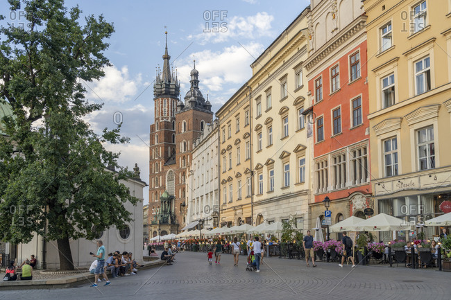 August 10, 2020: Street scene and St. Marys Basilica, UNESCO World Heritage Site, Krakow, Poland, Europe