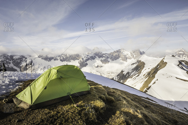 View of tent perched on top of mountain, Bavarian Alps, Oberstdorf, Bavaria, Germany