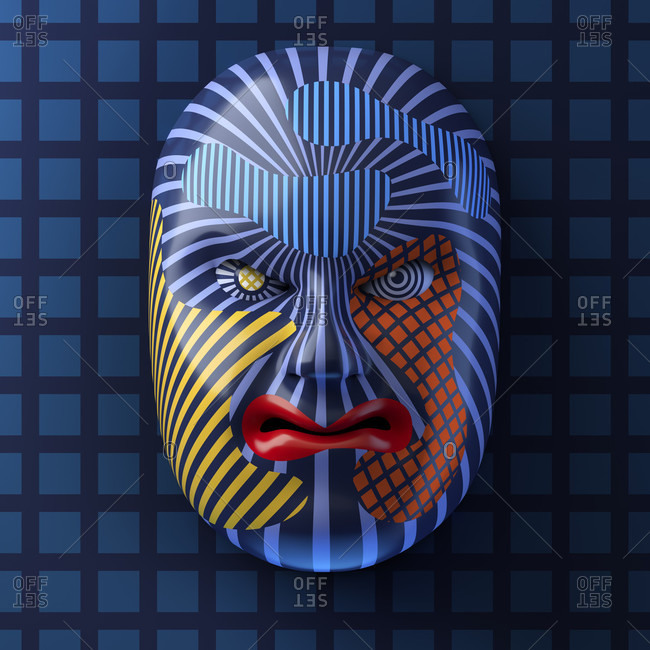 Asian theater mask with colored stripe patterns against a blue grid background