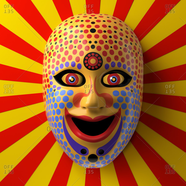 Asian theater mask with colored ornaments and dots against red and yellow rays background