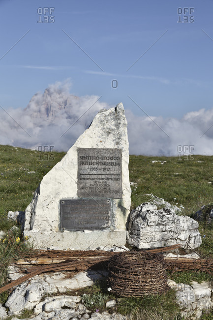July 30, 2016: Stone placed along the path of the open-air museum on the monte piana, sexten dolomites, auronzo di cadore, belluno, veneto, italy