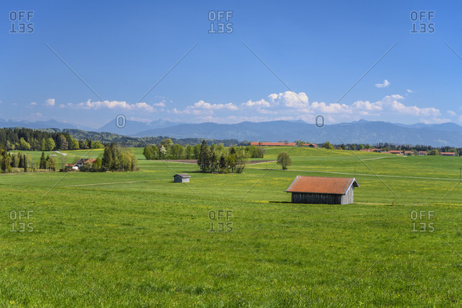 Germany, bavaria, upper bavaria, tiler land, dietramszell, humbach district, spring landscape against pre-alps