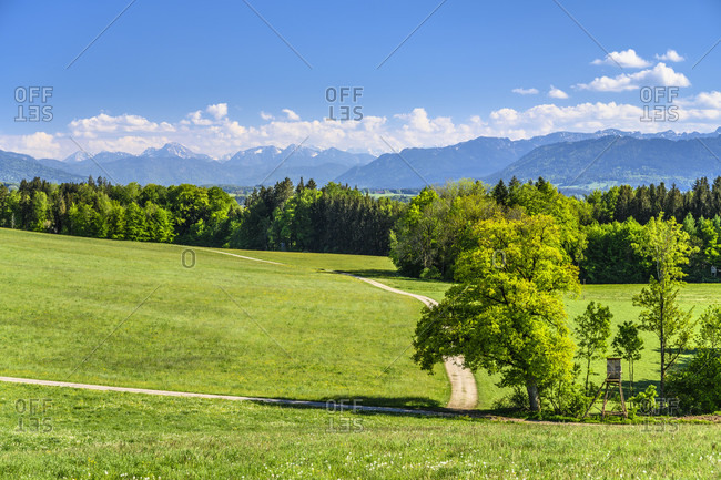 Germany, bavaria, upper bavaria, tiler land, dietramszell, peretshofen district, peretshofer home, spring meadow against alpine chain