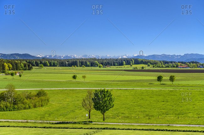 Germany, bavaria, upper bavaria, tiler land, dietramszell, lochen district, spring landscape against alpine chain
