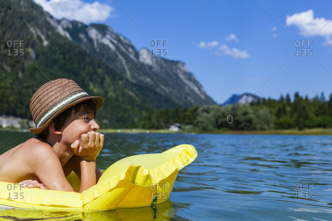 Boy, air mattress, lake, child, mountain