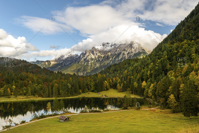 View of the south bank of the ferchensee and the northern karwendel, above mittenwald in early autumn