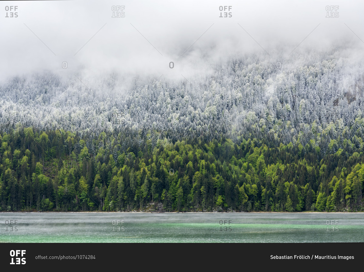 Shore of the eibsee during the eisheiligen. turquoise blue water, green forest, fresh snow and thick clouds divide this picture into four areas.