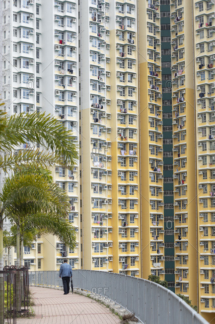 February 24, 2020: Colourful government housing in On Tai Estate, Kowloon, Hong Kong