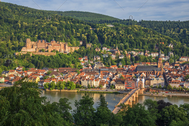 Old Town (Altstadt) along the Neckar River, with the Karl Theodor Bridge, Church of the Holy Spirit and the Castle on the hill