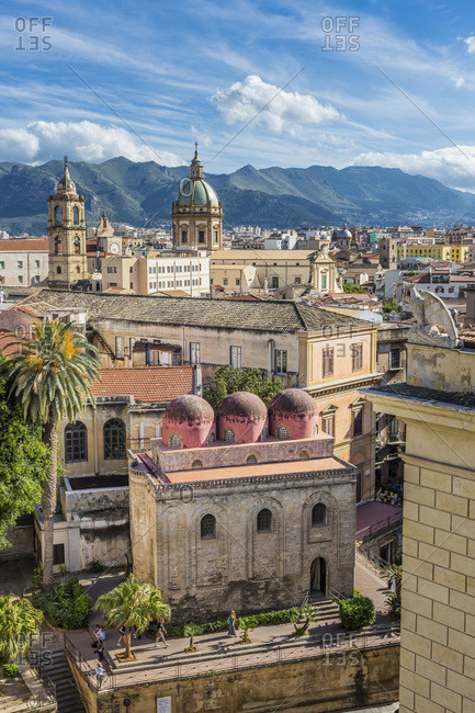 View of the town with the domes of Chiesa di San Cataldo and bell tower of the Chiesa del Gesu