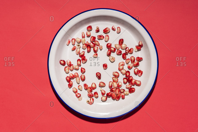 Directly above shot of fig seeds arranged in plate on red background