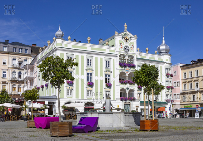 July 27, 2020: Town hall with ceramic carillon at city square- Gmunden- Salzkammergut- Upper Austria- Austria