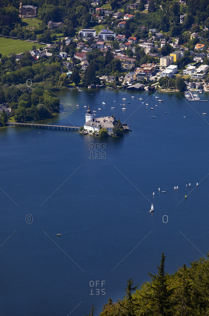 Schloss Ort Castle on Traunsee Lake during sunny day- Gmunden- Grunberg- Salzkammergut- Upper Austria- Austria