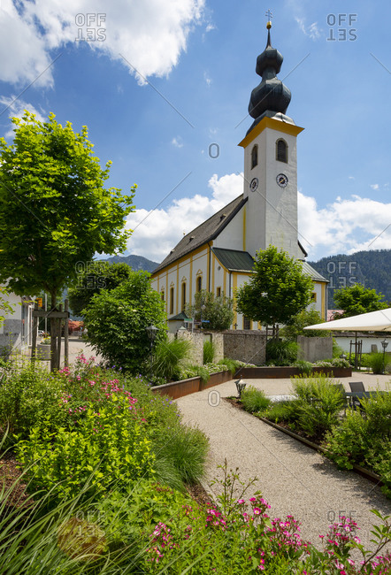 Germany- Bavaria- Inzell- Town square in front of Saint Michael church in summer