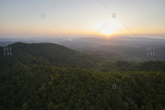 Aerial view of Appalachian forest at foggy sunrise