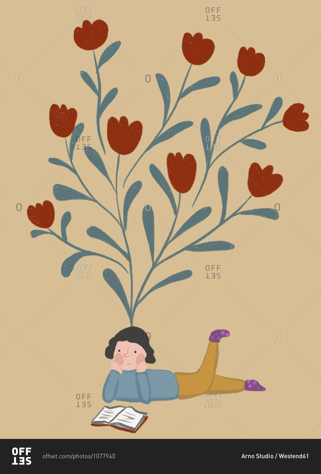 Clip art of blooming tulips representing imagination of girl reading book