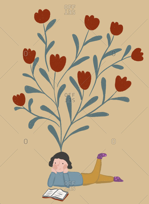 Clip art of blooming tulips representing imagination of girl reading book