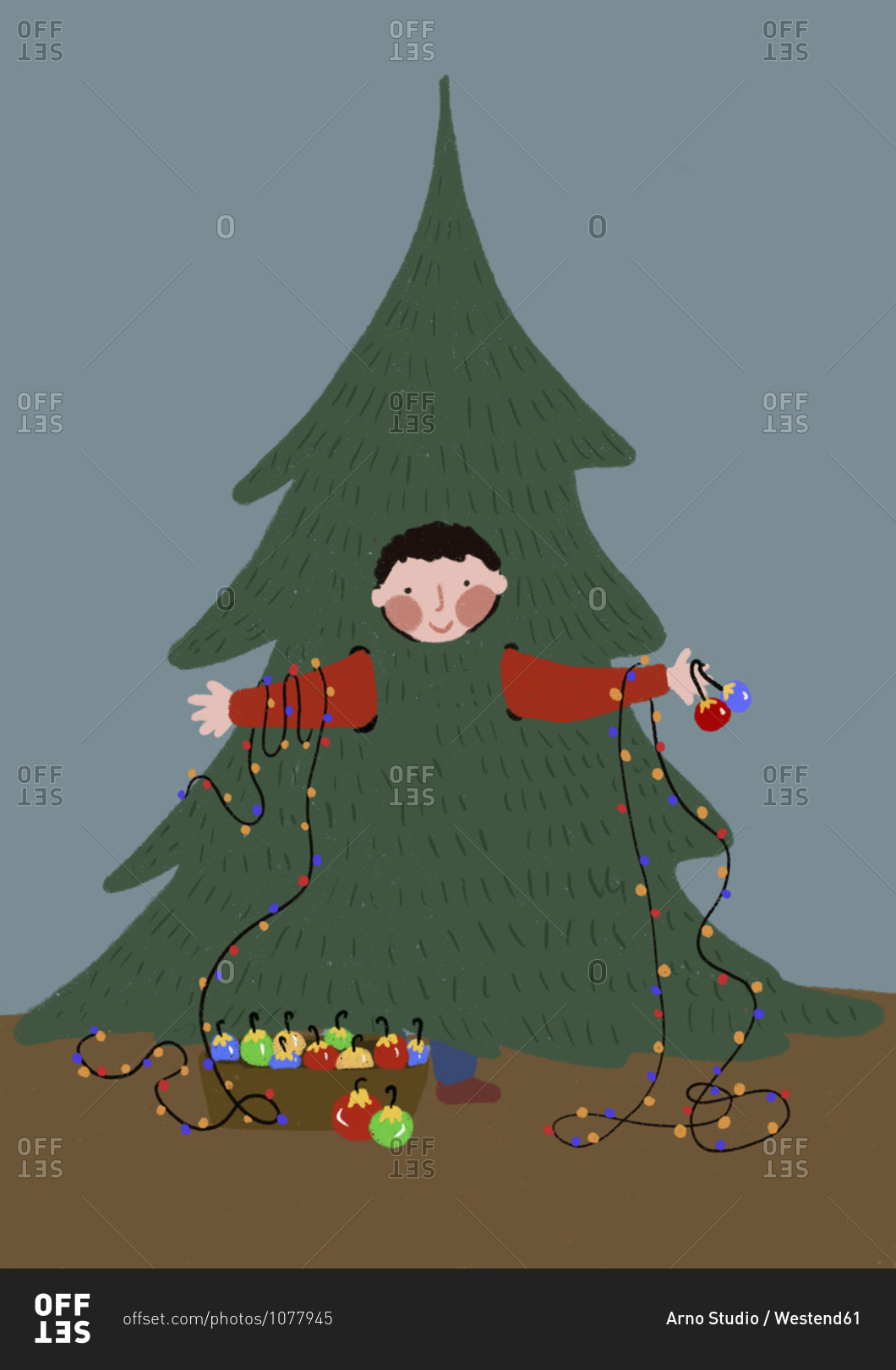 Clip art of little boy wearing Christmas tree costume