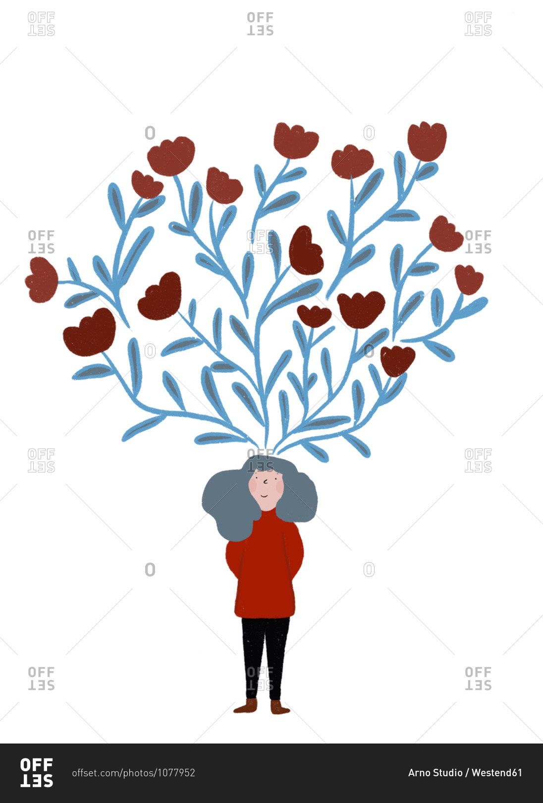 Clip art of blooming tulips representing imagination of woman standing with hands behind back