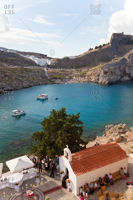 January 8, 2021: St Paul's church and beach, Lindos, Rhodes, Dodecanese Greece