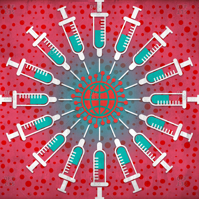 Coronavirus globe surrounded by syringes with vaccine