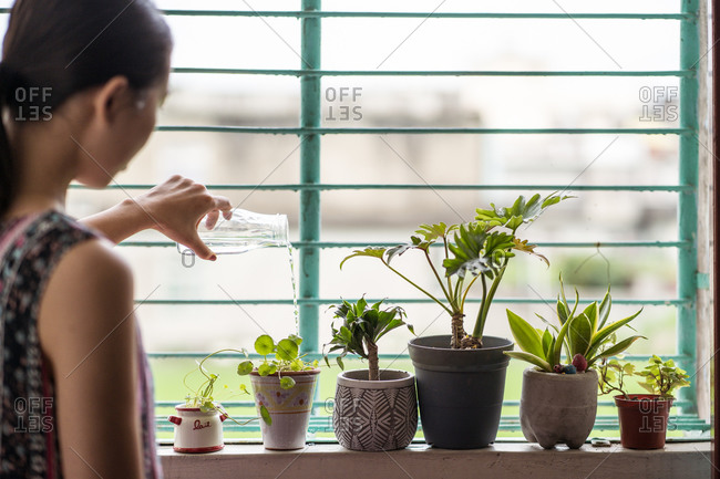 Side view of cropped serene unrecognizable pregnant female in underwear  sitting on stool in room with green houseplants and tenderly touching tummy  stock photo