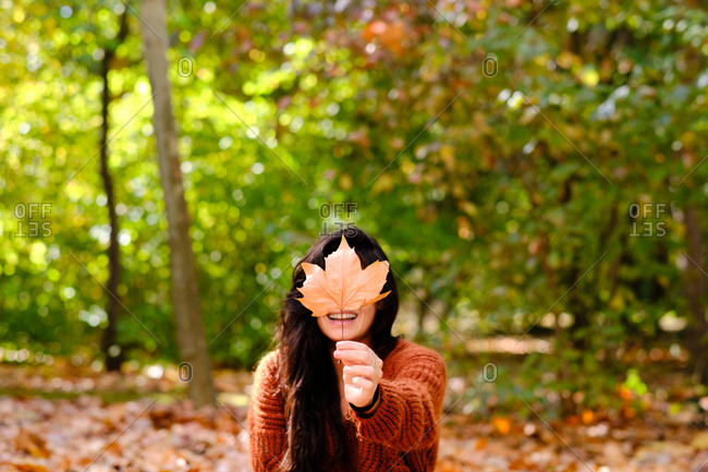 Happy young brunette in knitted sweater and jeans hiding face behind fallen maple leaf while sitting on colorful foliage in autumn park