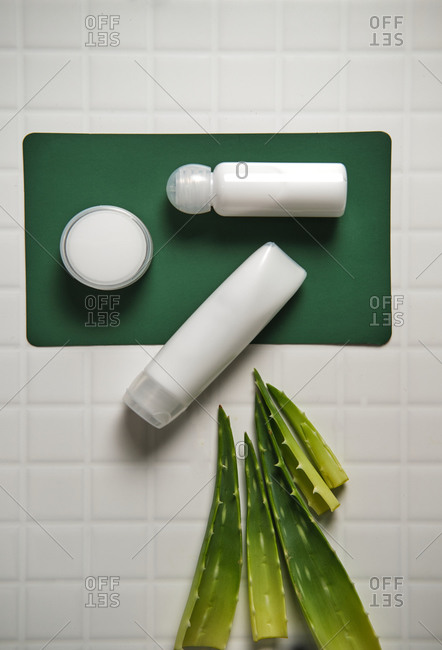 Top view of green aloe vera leaves placed on table with various cosmetic products showing concept of natural skin care treatment