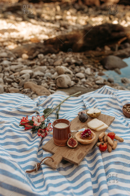 From above delicious cocoa drink and sweet tartlet placed on wooden cutting board on blanket in park for picnic