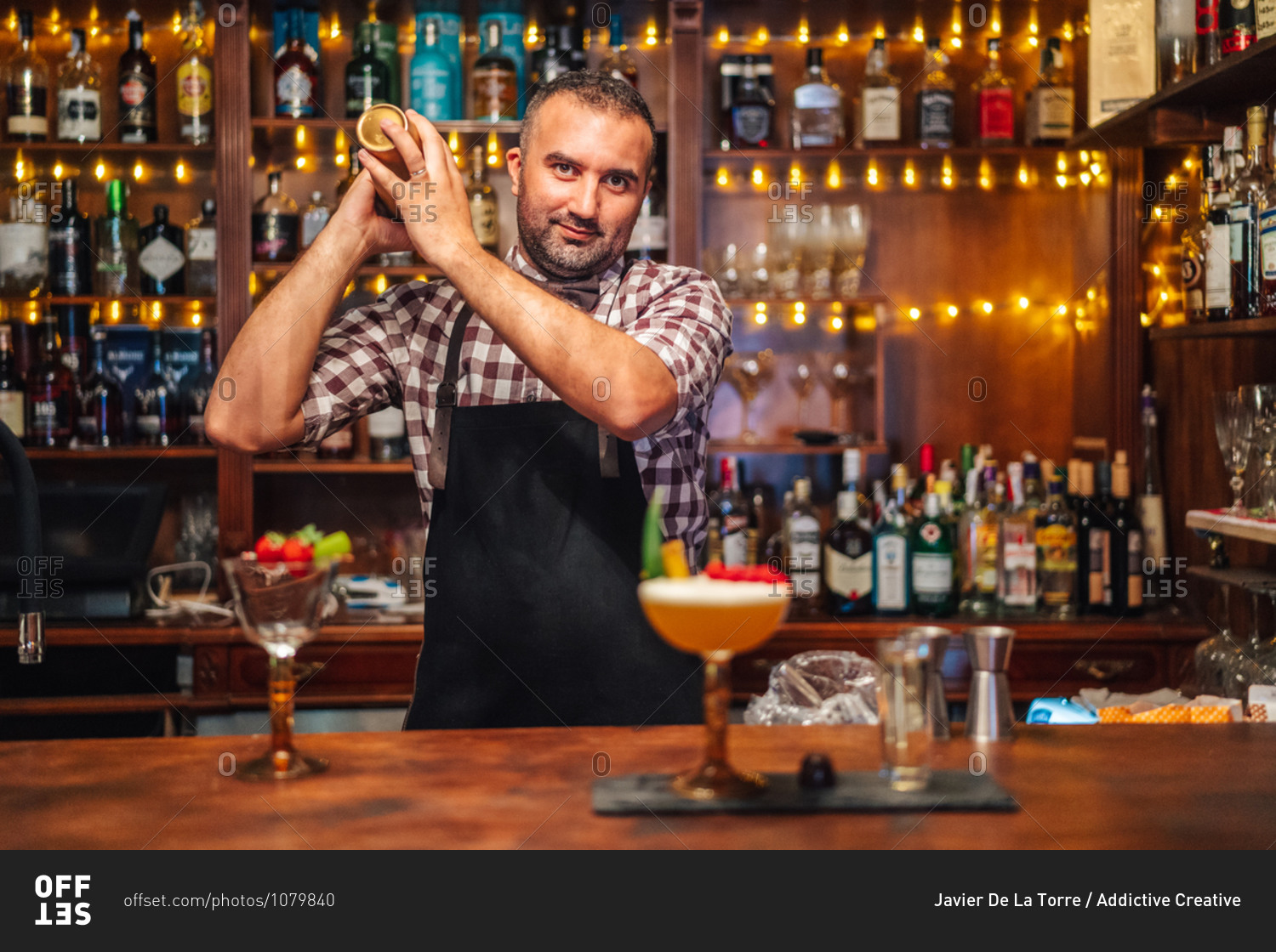 Excited middle aged mixologist in checkered shirt and apron looking at camera and mixing alcohol drink in shaker while standing behind counter with glasses in bar