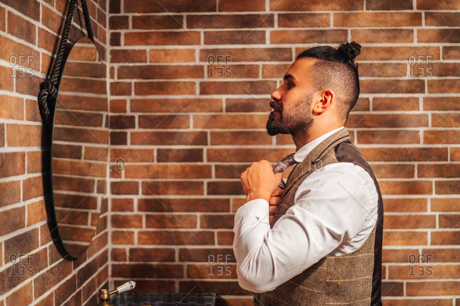Side view of confident bearded masculine man in formal clothing adjusting tie and looking at reflection in mirror