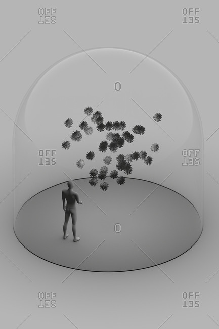 3d illustration with abstract human figure inside transparent glass with many virus cells